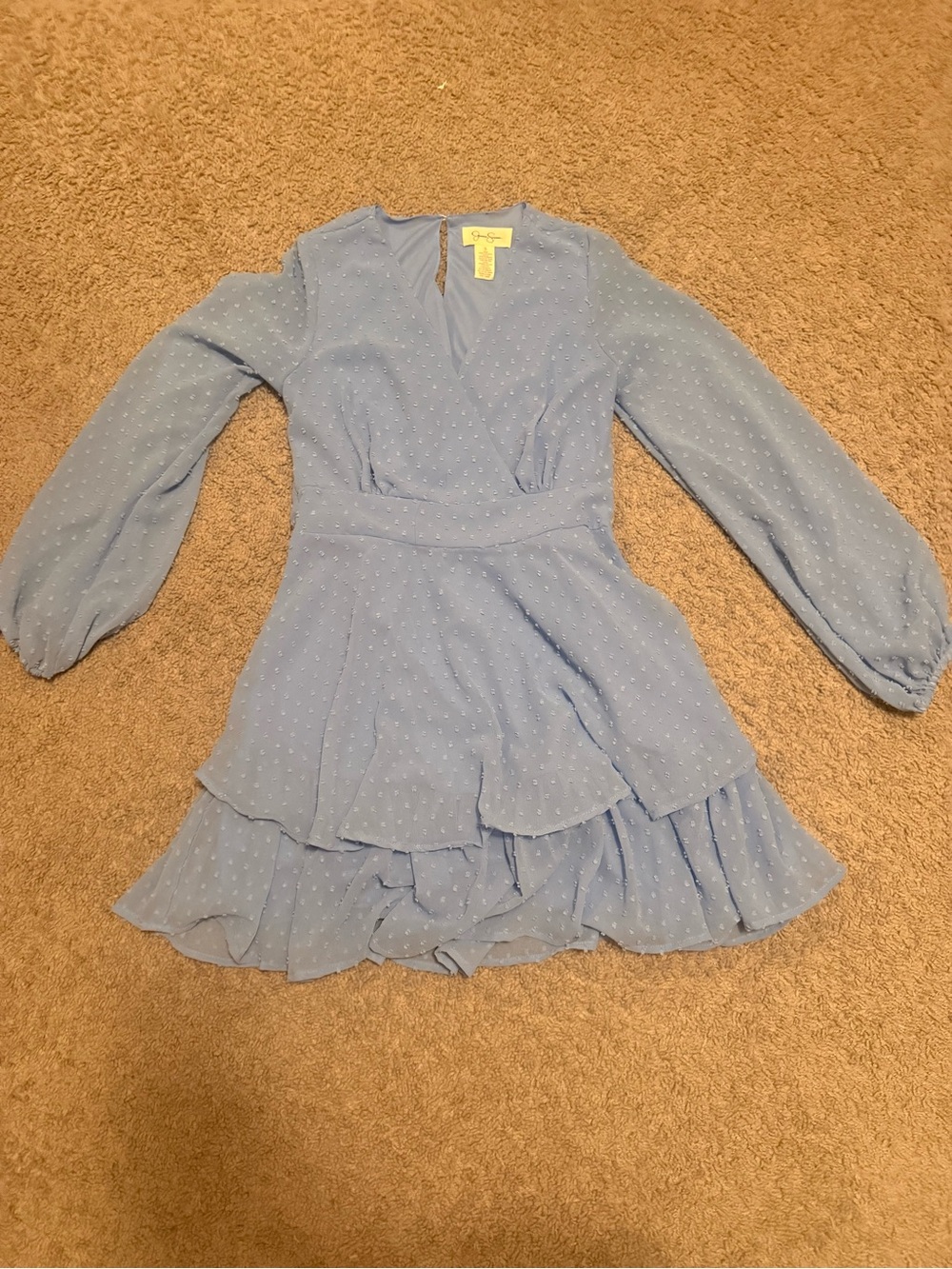 Jessica Simpson Light Blue Dot Ruffle Long-Sleeve Dress